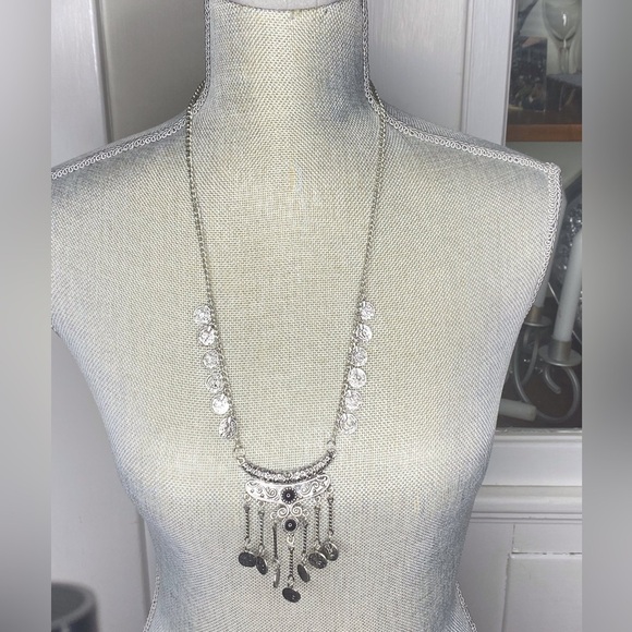 ANTIQUE BOHEMIAN SILVER TASSEL COIN NECKLACE #145 - Picture 2 of 3